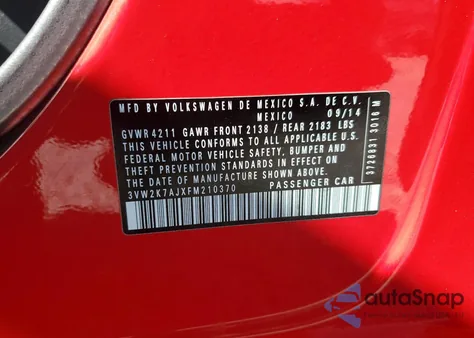 2015 Volkswagen Jetta Base из США, поврежденный, VIN 3VW2K7AJXFM210370